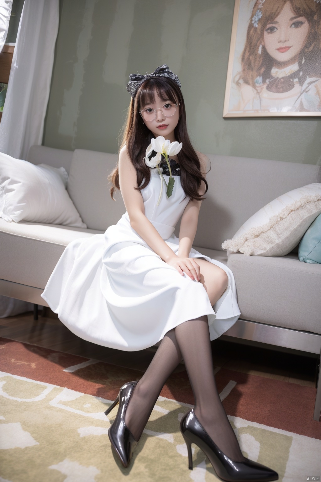  (lolanse:1.3), 1girl named aki, 1girl, solo, dress, sitting, white dress, pantyhose, long hair, white footwear, brown hair, shoes, holding, full body, glasses, box, hair ornament, high heels, black hair, flower, bow, lolita fashion, hair flower, indoors, good limbs, good anatomy, good proportions, shapely body,