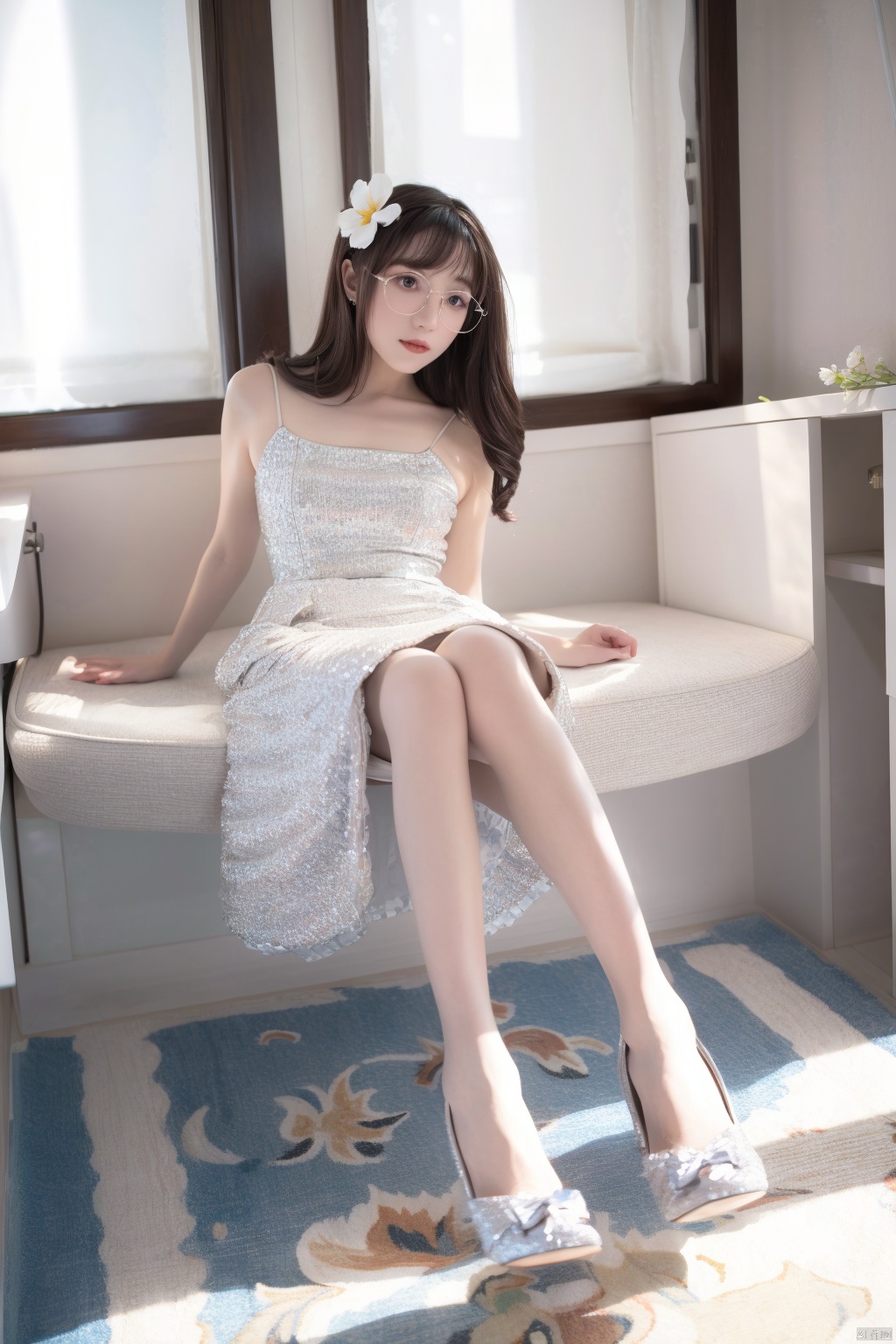  (lolanse:1.3), 1girl named aki, 1girl, solo, dress, sitting, white dress, pantyhose, long hair, white footwear, brown hair, shoes, holding, full body, glasses, box, hair ornament, high heels, black hair, flower, bow, lolita fashion, hair flower, indoors, good limbs, good anatomy, good proportions, shapely body,
