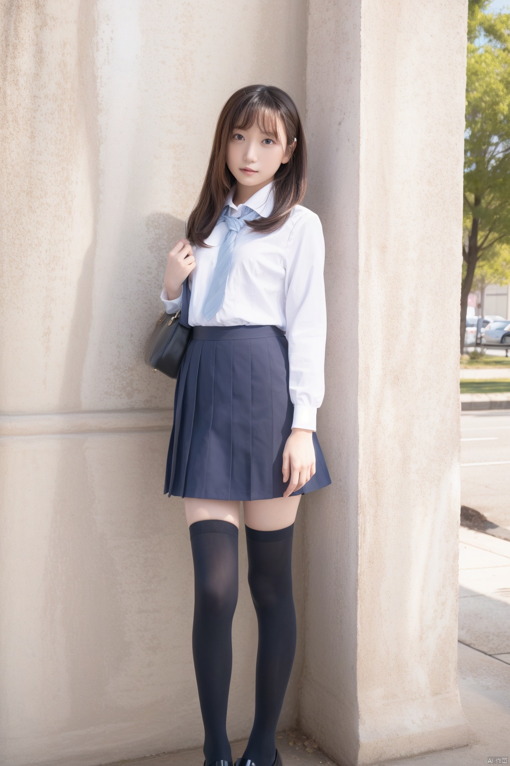  1girl,(1girl named aki:1.1), school uniform, thighhighs, solo, standing,