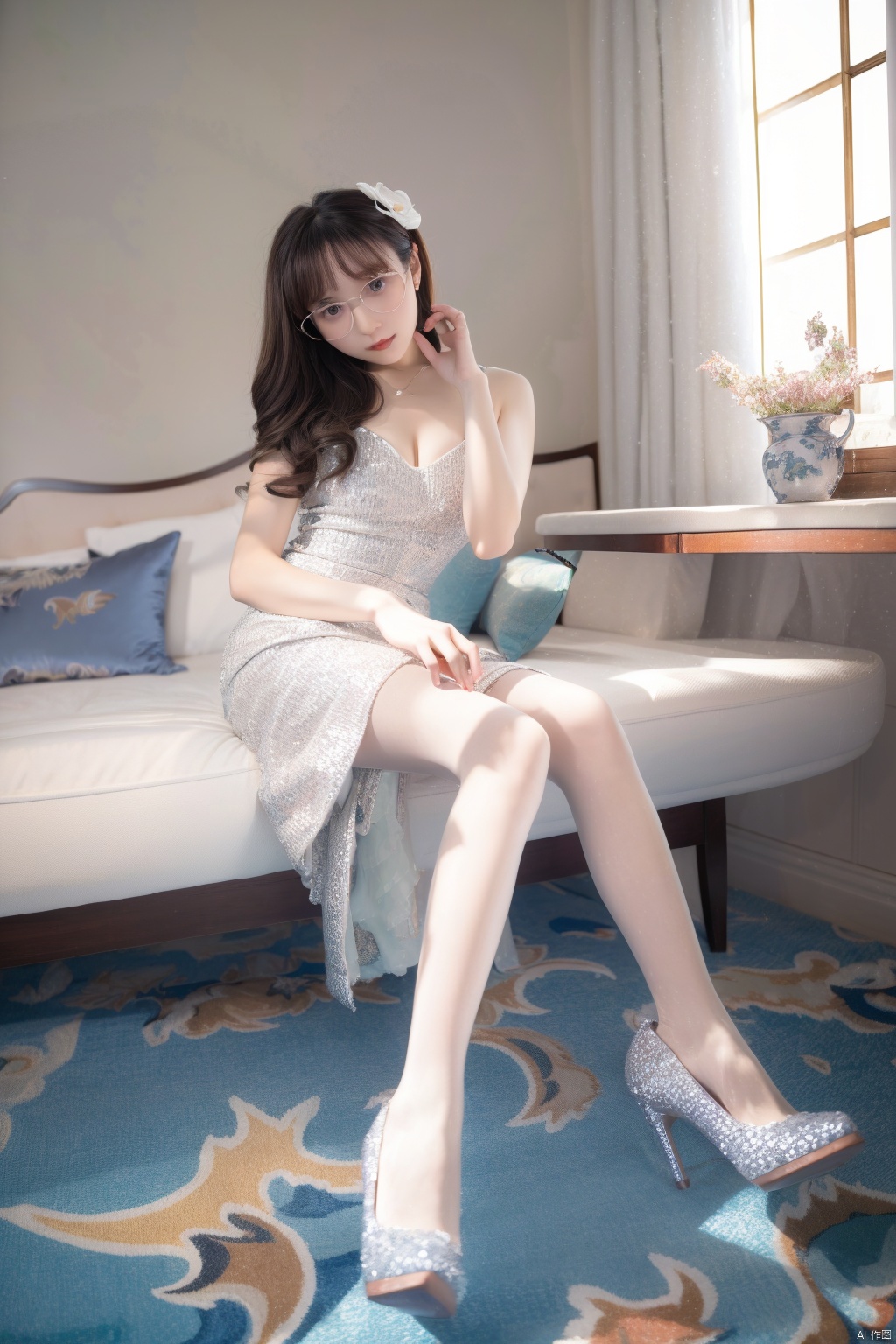  (lolanse:1.3), 1girl named aki, 1girl, solo, dress, sitting, white dress, pantyhose, long hair, white footwear, brown hair, shoes, holding, full body, glasses, box, hair ornament, high heels, black hair, flower, bow, lolita fashion, hair flower, indoors, good limbs, good anatomy, good proportions, shapely body,