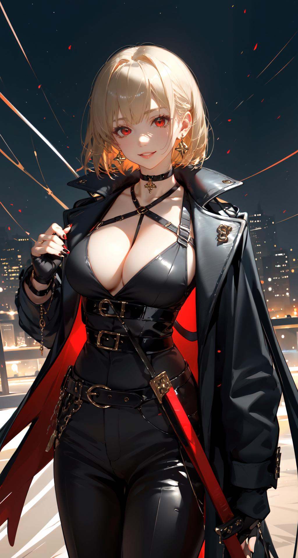 Chocolate, 1girl, breasts, solo, jewelry, choker, earrings, red eyes, weapon, sword, blonde hair, looking at viewer, red nails, gloves, cleavage, belt, large breasts, black choker, pants, coat, black pants, sheath, cowboy shot, parted lips, bangs, smile, black coat, medium hair, sheathed, long sleeves, fingerless gloves, black gloves, high-waist pants, cross, katana, nail polish, short hair, open clothes<lora:Chocolate-000018:0.8>,