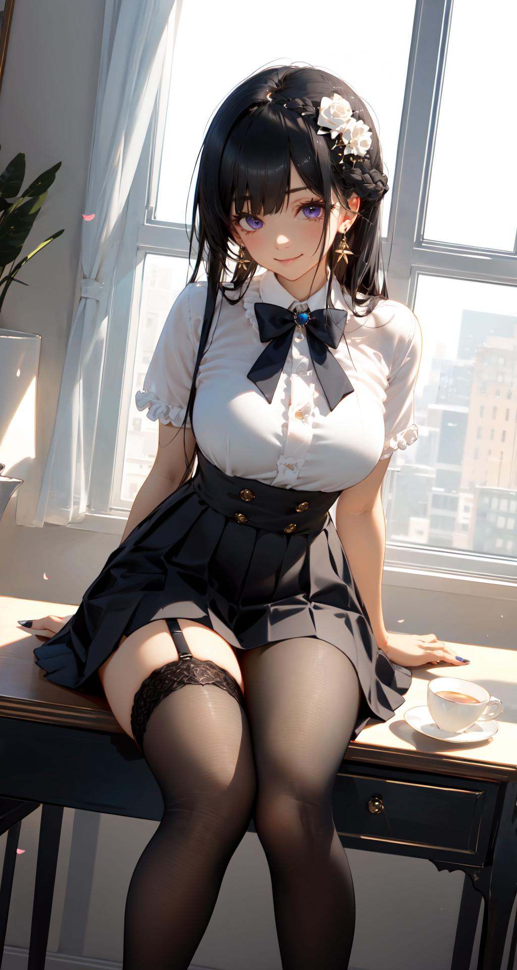 Chocolate, 1girl, solo, thighhighs, jewelry, skirt, smile, sitting, black skirt, looking at viewer, breasts, long hair, shirt, earrings, cup, bow, white shirt, black hair, nail polish, bangs, book, black thighhighs, black bow, indoors, teacup, blue eyes, braid, blue nails, high-waist skirt, bowtie, large breasts, window, feet out of frame, short sleeves, garter straps, closed mouth, purple eyes, black bowtie, thigh strap, petals, hair ornament, desk, heart, frills<lora:Chocolate-000018:0.8>,