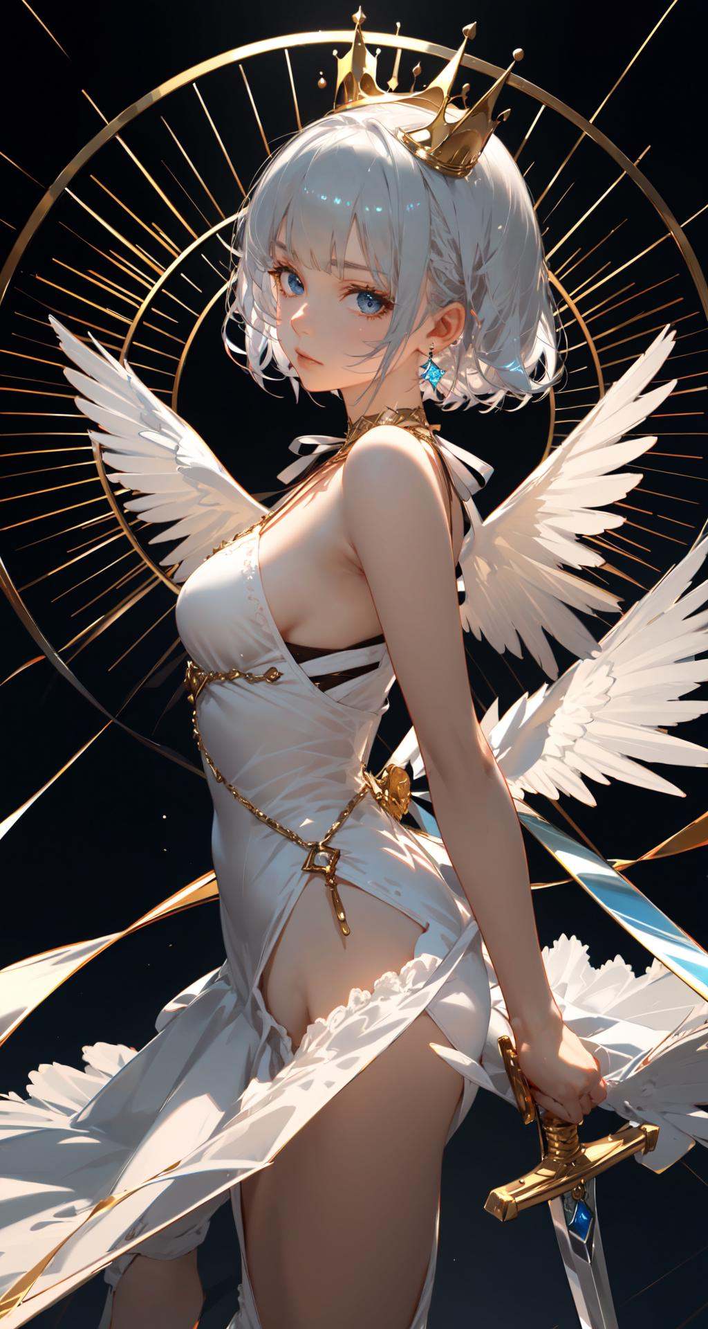 Chocolate, 1girl, solo, dress, weapon, white dress, crown, looking at viewer, sword, holding weapon, jewelry, blue eyes, short hair, earrings, holding sword, holding, bare shoulders, white hair, black background, from side, breasts, bangs, blue ribbon, artist name, neck ribbon, ribbon, closed mouth, medium breasts<lora:Chocolate-000018:0.8>,