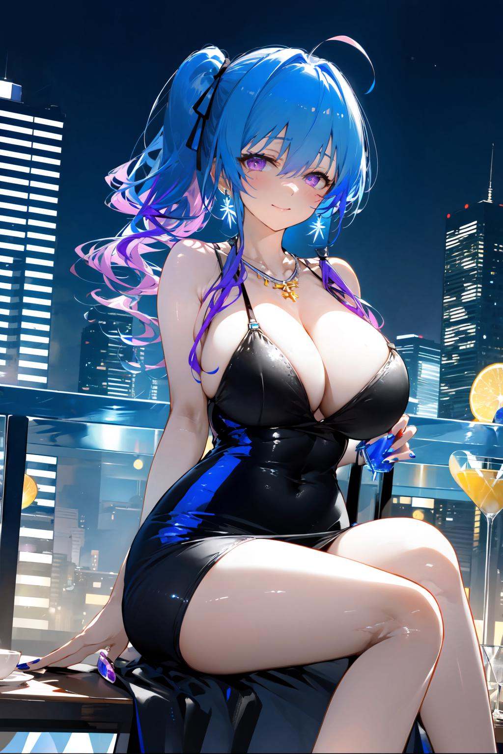-Chocolate, st. louis \(azur lane\), 1girl, breasts, jewelry, cup, blue hair, solo, cleavage, dress, ahoge, sidelocks, side ponytail, bare shoulders, sitting, bangs, smile, necklace, thighs, looking at viewer, night, large breasts, earrings, white dress, blue nails, sky, nail polish, night sky, ribbon, purple eyes, hair ribbon, food, silver dress, multicolored hair, blush, closed mouth, cocktail glass, long hair, pink eyes, cityscape, halter dress, fruit, hair between eyes, collarbone, st. louis \(luxurious wheels\) \(azur lane\), gradient hair, building, drinking glass, table, arm support, purple hair<lora:Chocolate-000018:0.9>,