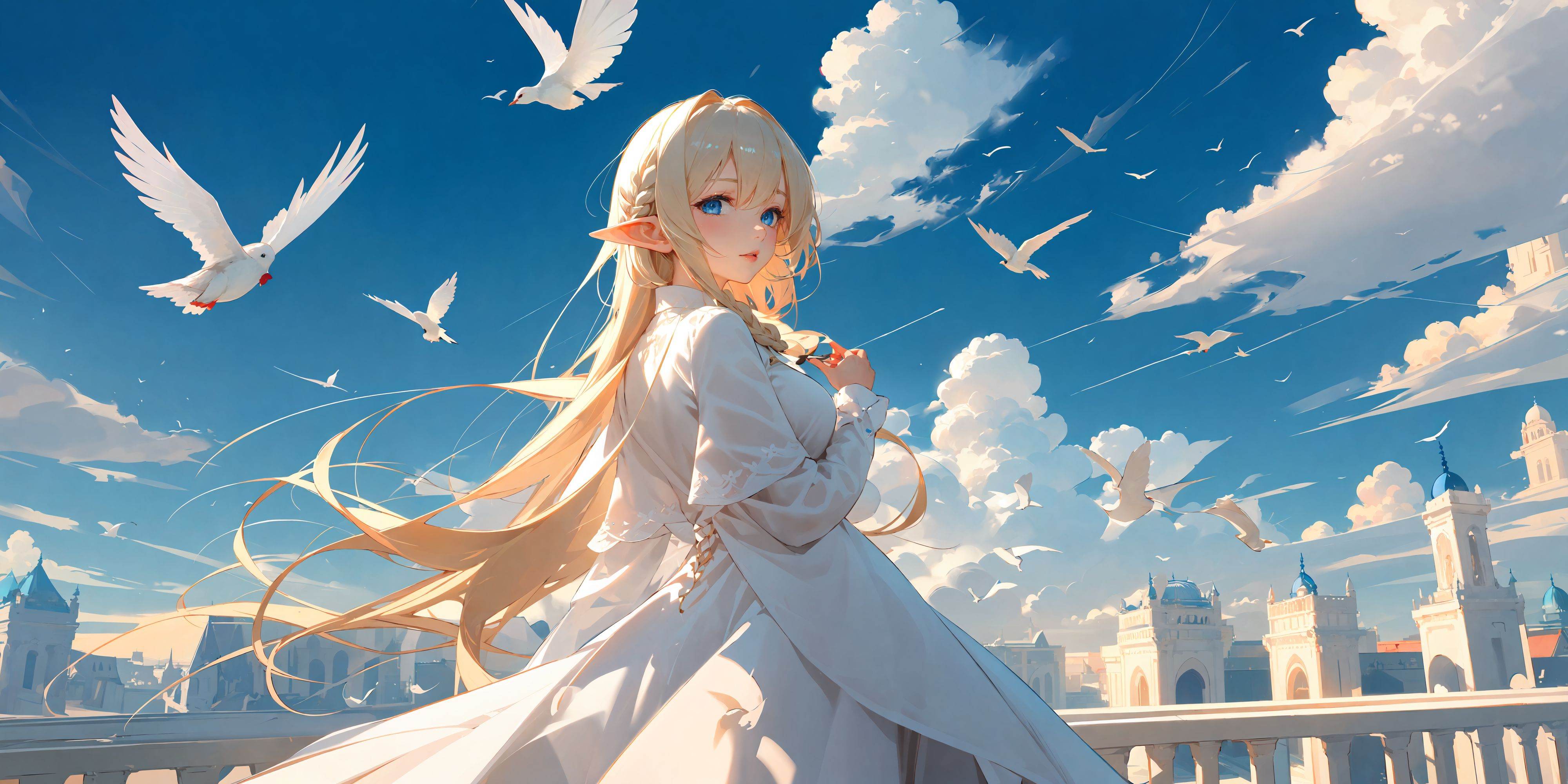 chocolate,1girl,elf,blonde hair,very long hair,wavy hair,blue eyes,<lora:Chocolate-000018:0.4>,