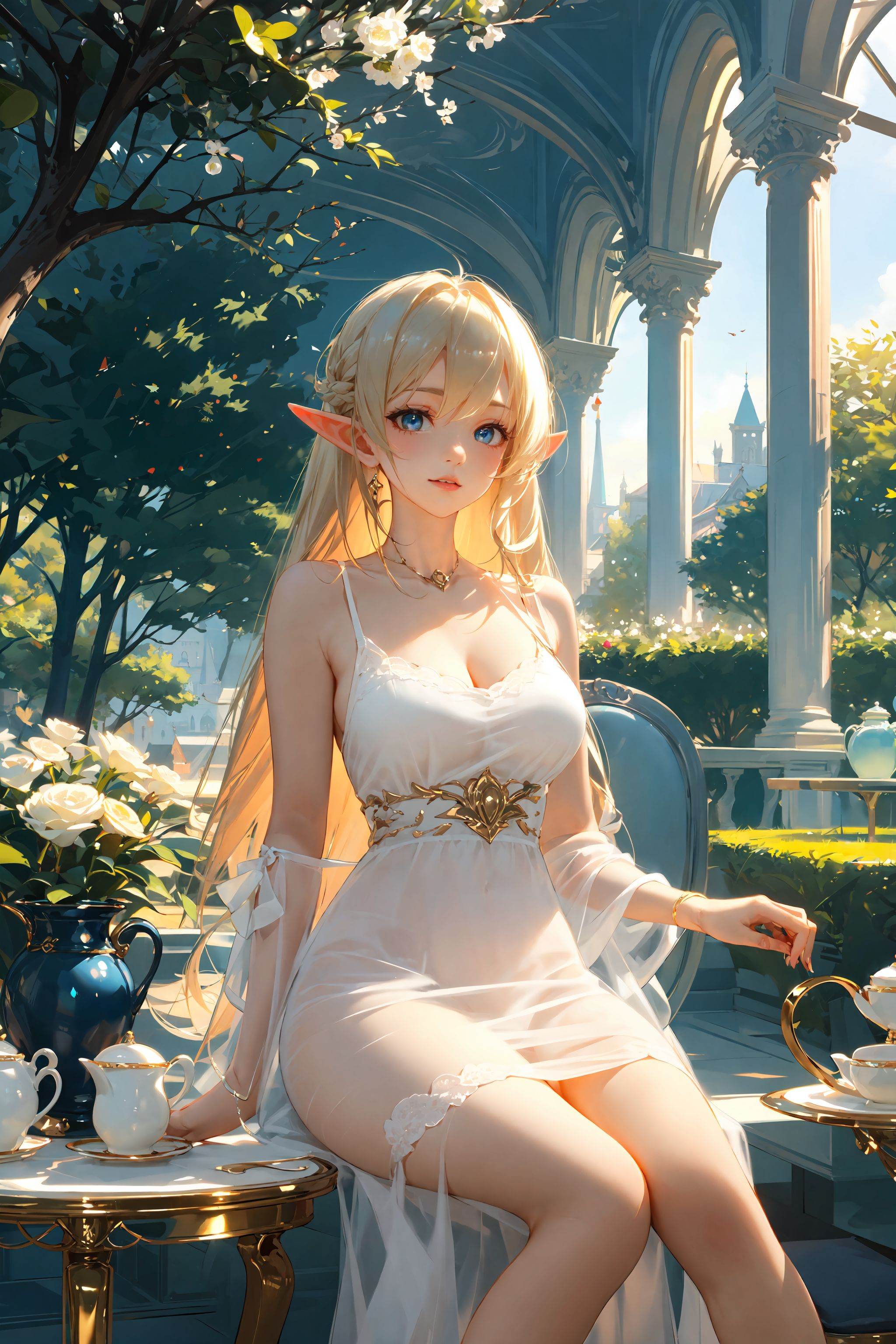 chocolate,1girl,elf,blonde hair,very long hair,wavy hair,blue eyes,<lora:Chocolate-000018:0.4>,