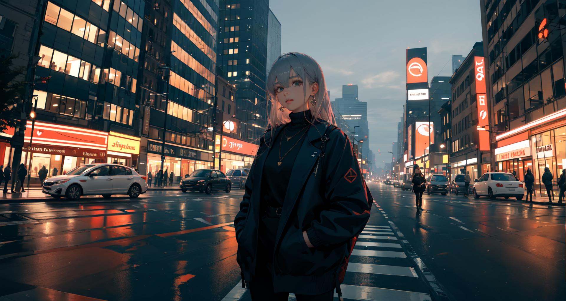 Chocolate, 1girl, jewelry, long hair, earrings, outdoors, solo, necklace, night, hair between eyes, building, road, street, turtleneck, jacket, hands in pockets, sky, lamppost, city, parted lips, bangs, sweater, traffic light, car, motor vehicle, turtleneck sweater, ground vehicle, bracelet, black sweater, grey hair, sign, looking at viewer, road sign, bag, black jacket, lips, reflection<lora:Chocolate-000018:0.8>,