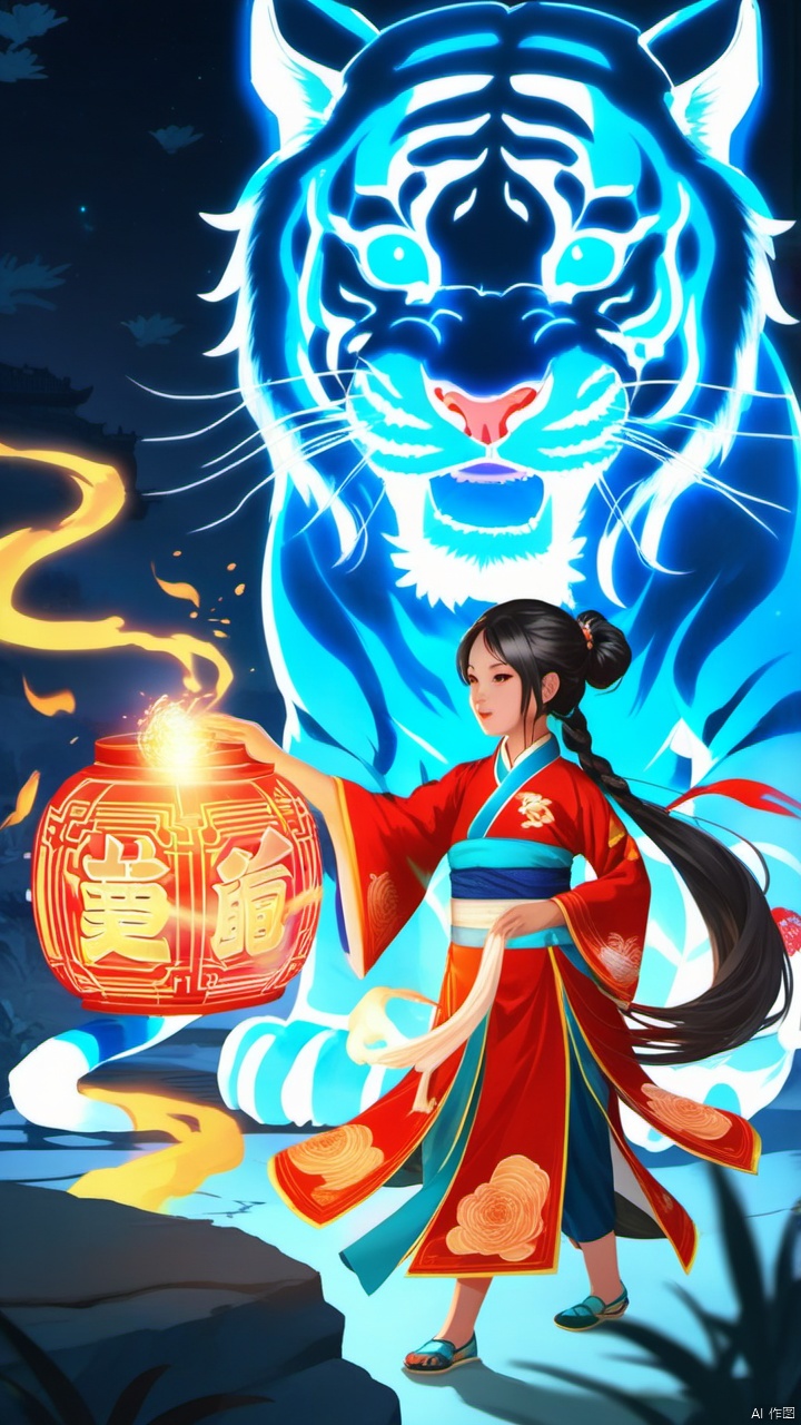 A girl in Chinese dress, summoning a glowing magic tiger