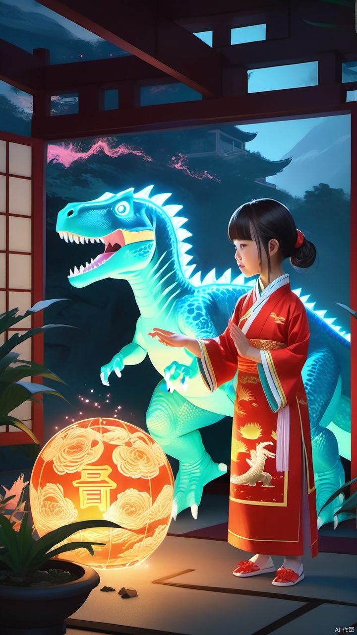 A girl in Chinese dress, summoning a glowing magical dinosaur