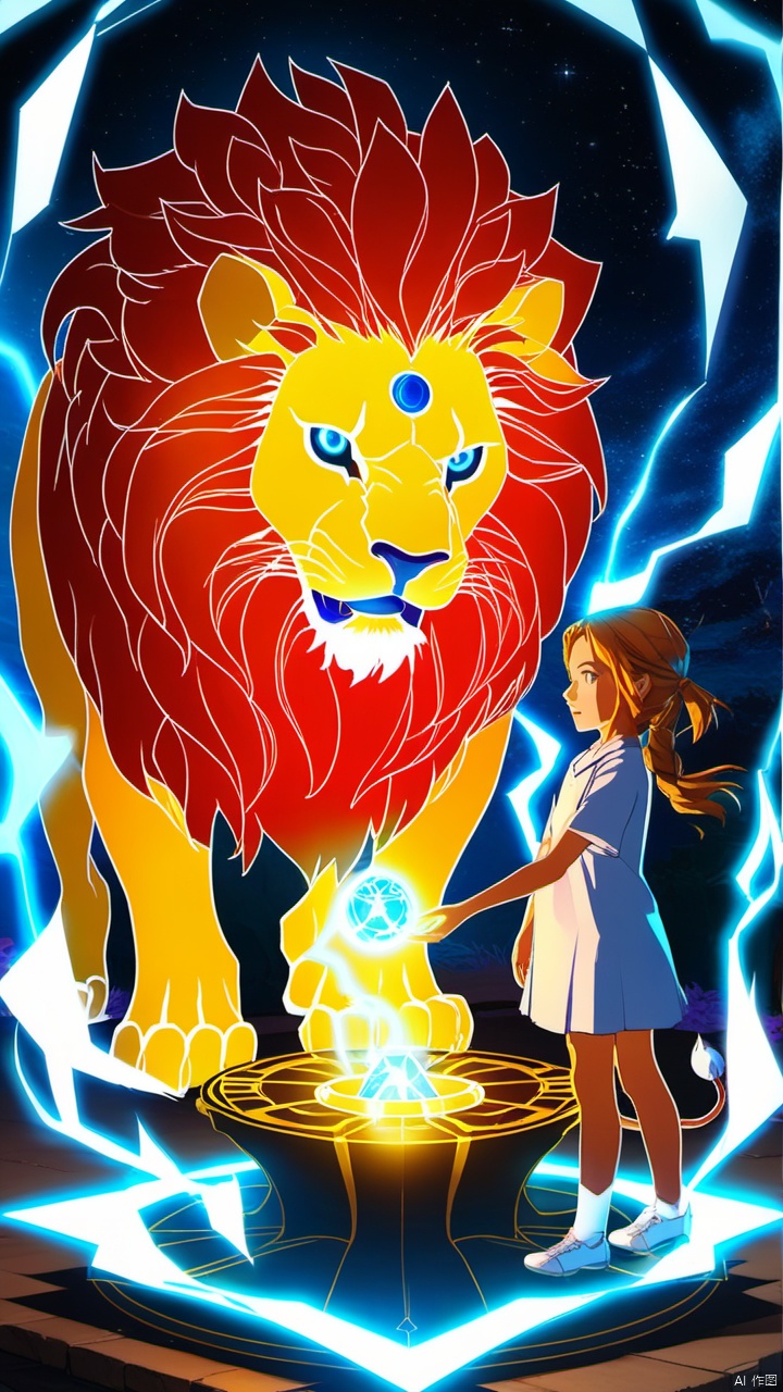 1 girl, summoning a glowing magic lion.
