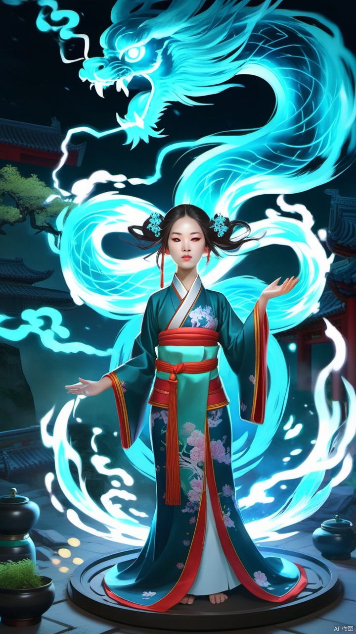 A girl in Chinese dress, summoning a glowing magical elemental spirit