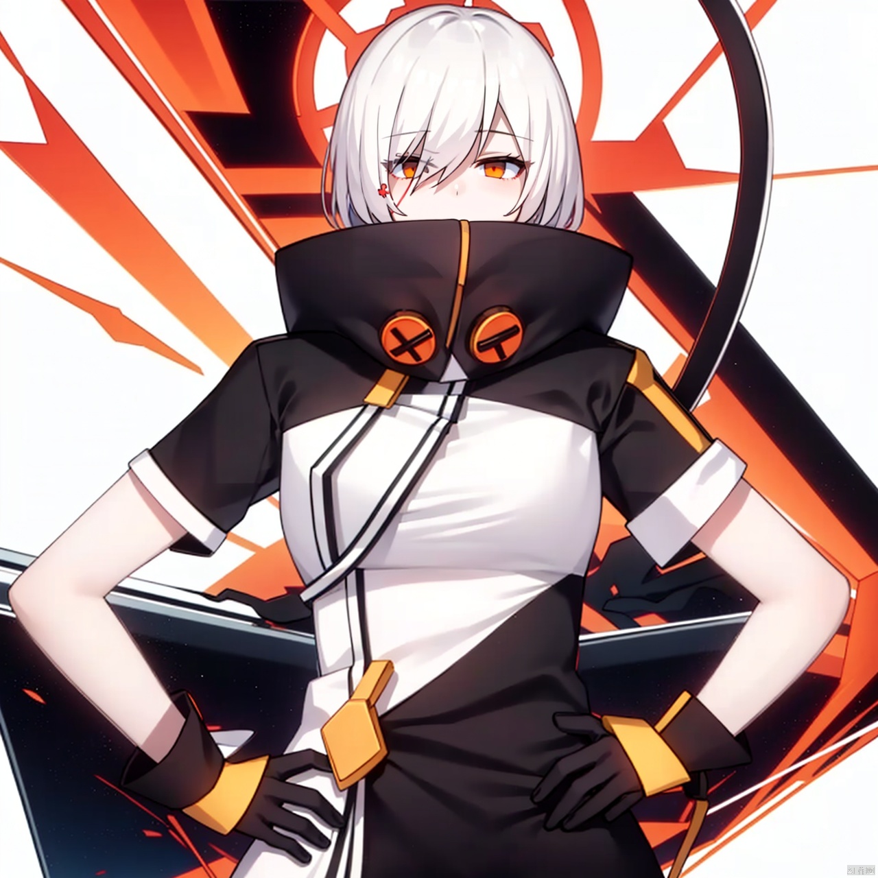  (masterpiece:1.3),(the best quality:1.2),(super fine illustrations:1.2),(Masterpiece),high quality,high detail,(white background:1.2),looking at viewer,(SOLO:1.4),outline,simple background,fullbody,, 1girl,scythe,orange theme,holding weapon,black footwear,hood down,short hair,dress,black dress,white hair,bangs,thighhighs,black jacket,yellow eyes,orange eyes,jacket,hair between eyes,solo,gloves,