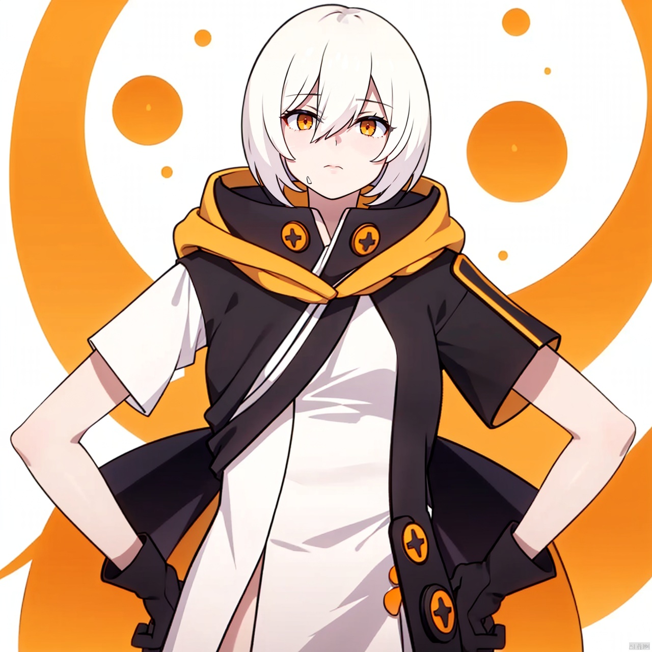  (masterpiece:1.3),(the best quality:1.2),(super fine illustrations:1.2),(Masterpiece),high quality,high detail,(white background:1.2),looking at viewer,(SOLO:1.4),outline,simple background,fullbody,, 1girl,scythe,orange theme,holding weapon,black footwear,hood down,short hair,dress,black dress,white hair,bangs,thighhighs,black jacket,yellow eyes,orange eyes,jacket,hair between eyes,solo,gloves, Anime
