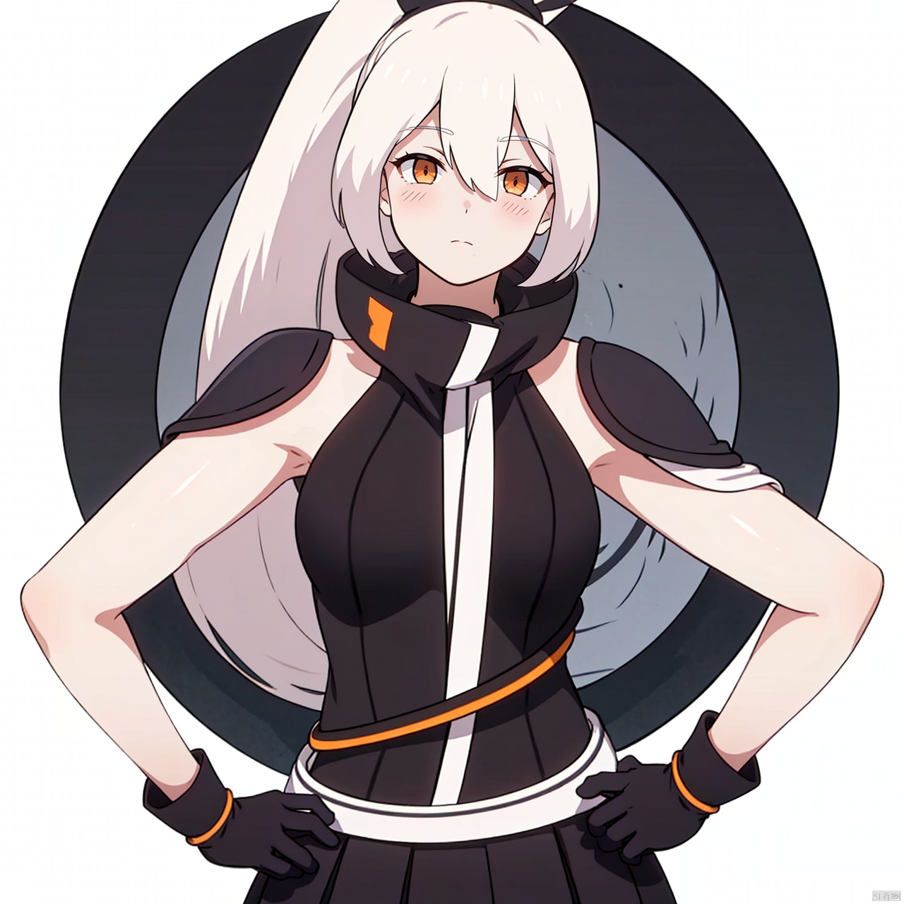  (masterpiece:1.3),(the best quality:1.2),(super fine illustrations:1.2),(Masterpiece),high quality,high detail,(white background:1.2),looking at viewer,(SOLO:1.4),outline,simple background,fullbody,, 1girl,monocular eye patch,hair ribbon,black ribbon,jacket,dress,thighhighs,ponytail,horns,short sleeves,hair between eyes,skirt,hair flaps,long hair,hair ornament,white hair,orange eyes,gloves,black gloves,