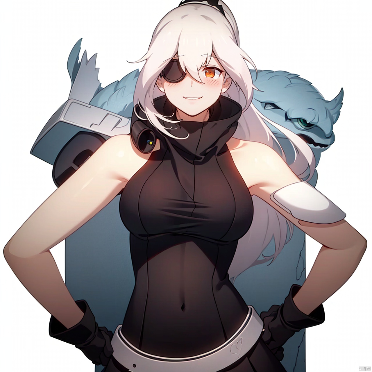 (masterpiece:1.3),(the best quality:1.2),(super fine illustrations:1.2),(Masterpiece),high quality,high detail,(white background:1.2),looking at viewer,(SOLO:1.4),outline,simple background,fullbody,, 1girl,monocular eye patch,hair ribbon,black ribbon,jacket,dress,thighhighs,ponytail,horns,short sleeves,hair between eyes,skirt,hair flaps,long hair,hair ornament,white hair,orange eyes,gloves,black gloves,