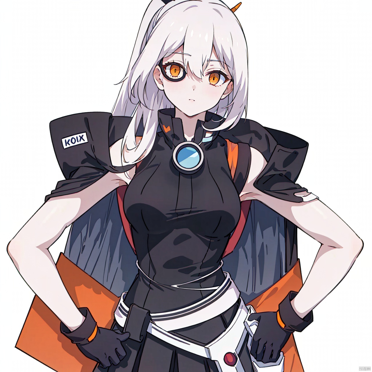  (masterpiece:1.3),(the best quality:1.2),(super fine illustrations:1.2),(Masterpiece),high quality,high detail,(white background:1.2),looking at viewer,(SOLO:1.4),outline,simple background,fullbody,,  1girl,monocular eye patch,hair ribbon,black ribbon,jacket,dress,thighhighs,ponytail,horns,short sleeves,hair between eyes,skirt,hair flaps,long hair,hair ornament,white hair,orange eyes,gloves,black gloves,