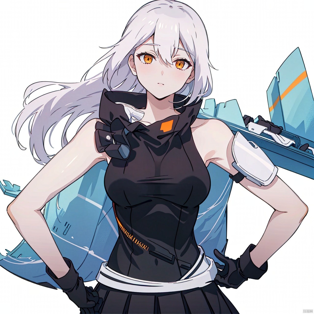  (masterpiece:1.3),(the best quality:1.2),(super fine illustrations:1.2),(Masterpiece),high quality,high detail,(white background:1.2),looking at viewer,(SOLO:1.4),outline,simple background,fullbody,,  1girl,monocular eye patch,hair ribbon,black ribbon,jacket,dress,thighhighs,ponytail,horns,short sleeves,hair between eyes,skirt,hair flaps,long hair,hair ornament,white hair,orange eyes,gloves,black gloves,