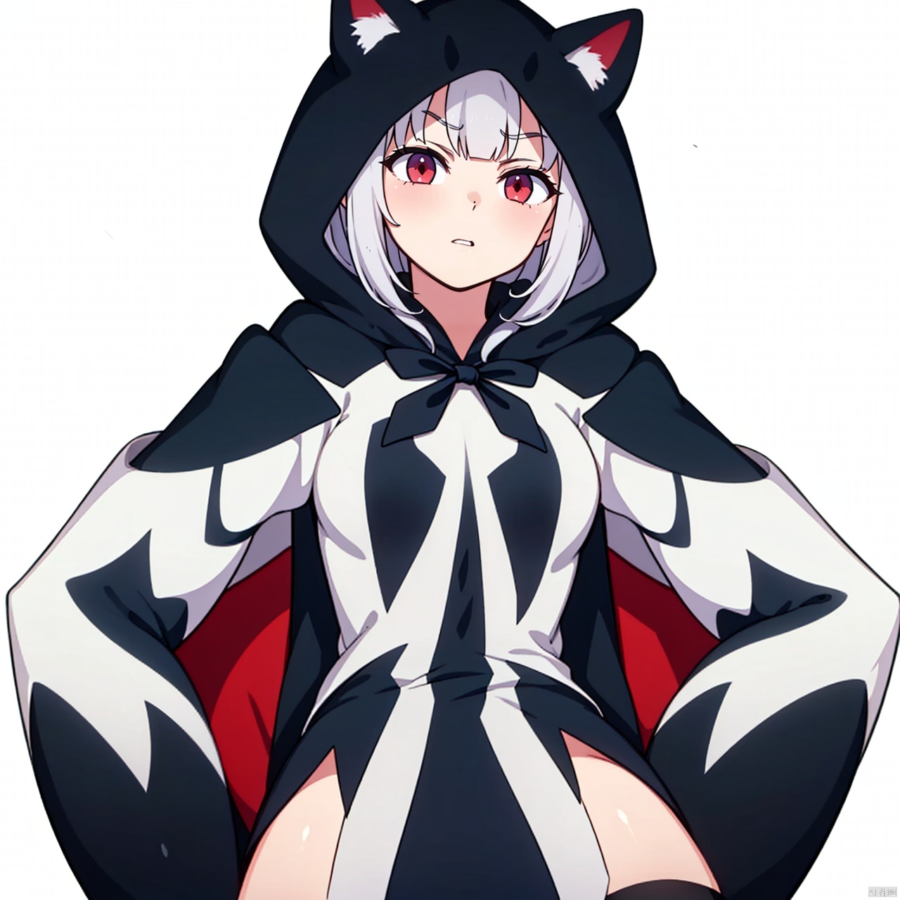  (masterpiece:1.3),(the best quality:1.2),(super fine illustrations:1.2),(Masterpiece),high quality,high detail,(white background:1.2),looking at viewer,(SOLO:1.4),outline,simple background,fullbody,, 1girl,thigh boots,hooded jacket,boots,silver hair,black legwear,black jacket,black footwear,claws,cat hood,thighhighs,red eyes,short hair,cat ears,bangs,animal hood,hood,hood up,hoodie, Anime