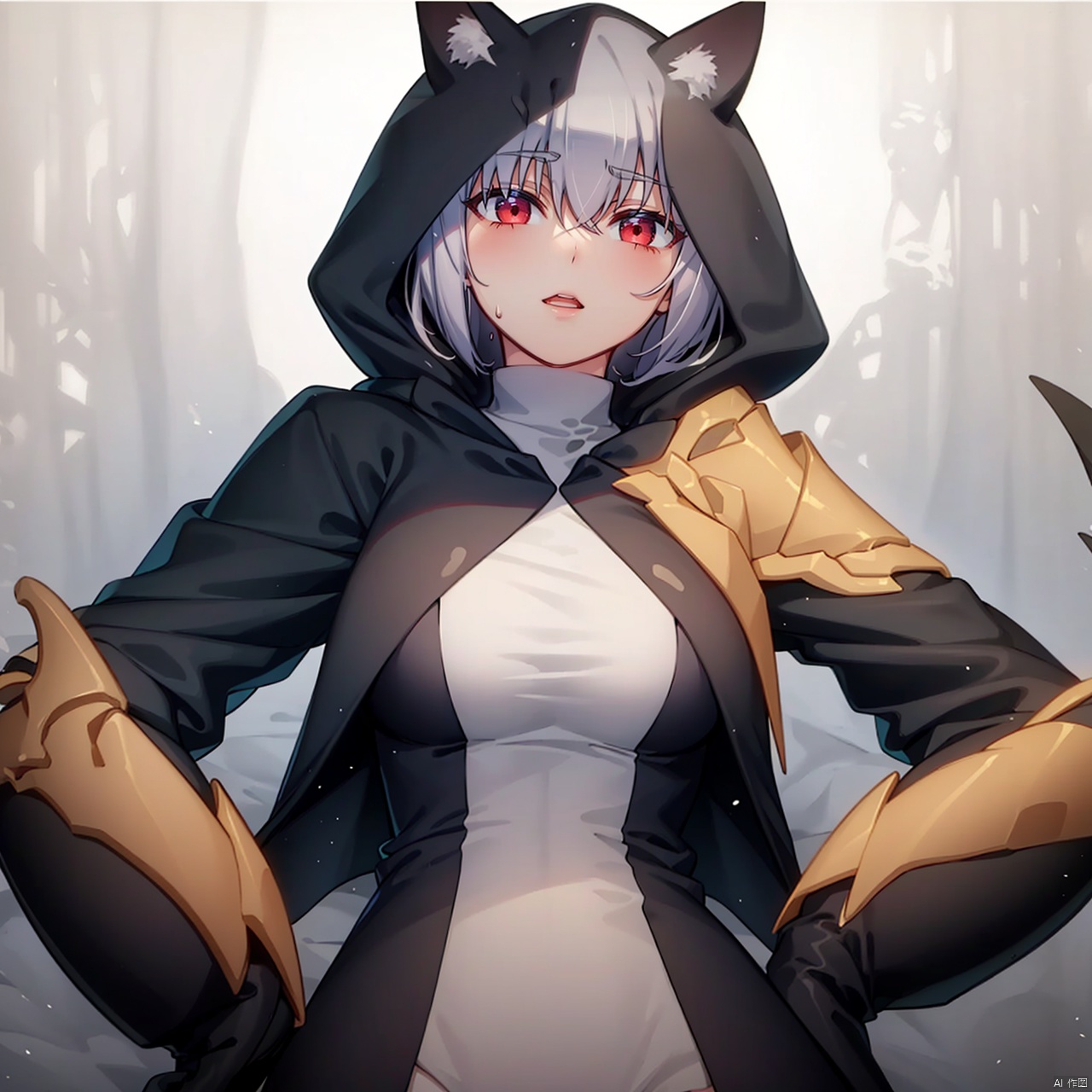  (masterpiece:1.3),(the best quality:1.2),(super fine illustrations:1.2),(Masterpiece),high quality,high detail,(white background:1.2),looking at viewer,(SOLO:1.4),outline,simple background,fullbody,, 1girl,thigh boots,hooded jacket,boots,silver hair,black legwear,black jacket,black footwear,claws,cat hood,thighhighs,red eyes,short hair,cat ears,bangs,animal hood,hood,hood up,hoodie,