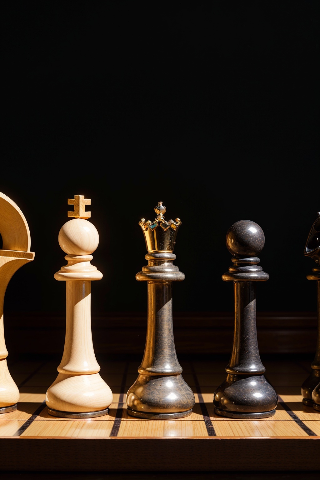 Chess pieces depicted as intricate art sculptures,  showcasing the beauty and craftsmanship of each piece in a visually st...