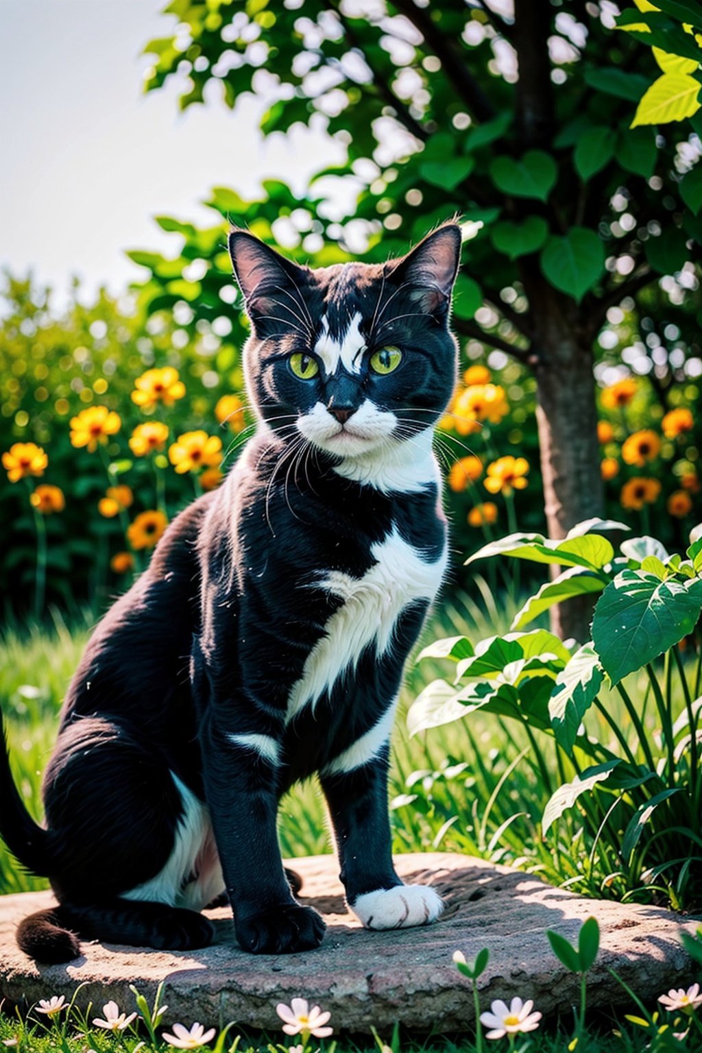 a cute adorable ((cat)) sitting in a field of clover watching a monarch (butterfly),  kitten,  springtime on Tensor.Art