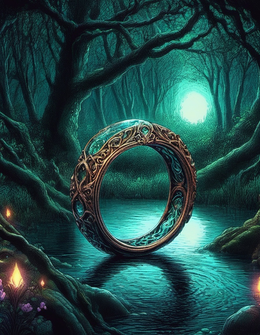 Elven ring with intricate design luminescent glowing water intricately detailed dark spring forest at night background in...