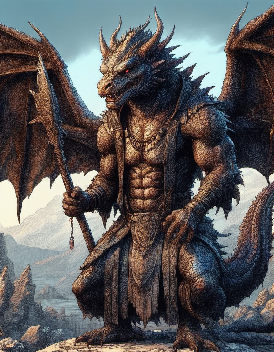 full body huge muscular dragon-rat-man shaman wearing intricate robes magical runes wasteland dark metallic scaly skin det...