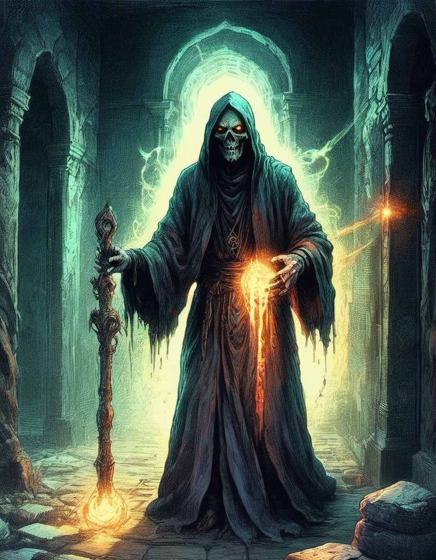 fearsome undead spectral glowing luminous liche priest mage ghost illuminating a dark abandoned stone hallway mythical hor...