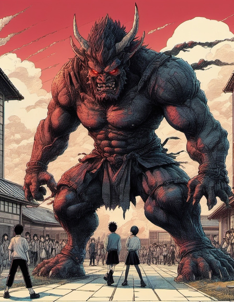 anime style illustration 3 high schoolers clash with giant oni in front of a japanese high school Shōnen art style scenery...