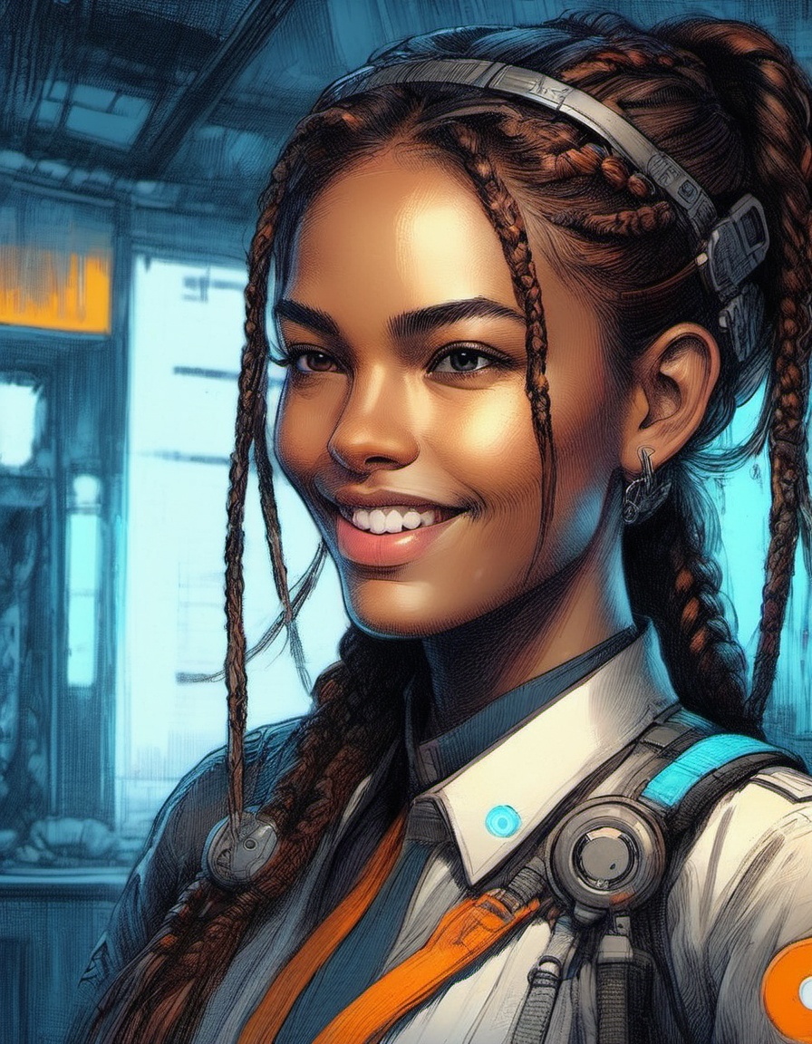 portrait of a beautiful woman smile and with long hair in braids overwatch design techwear full uniform concept art by by...
