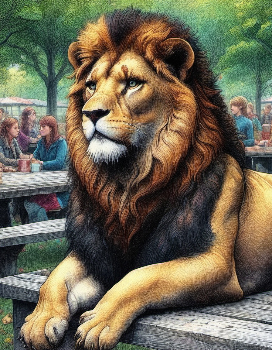 a majestic lion sits alert on a picnic table in a city park watching people on Tensor.Art
