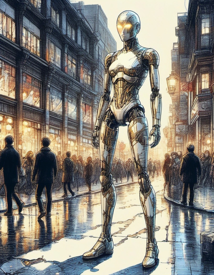a full body android made of reflective chrome and cracked white porcelain with kintsugi repair lines beautiful lighting ba...