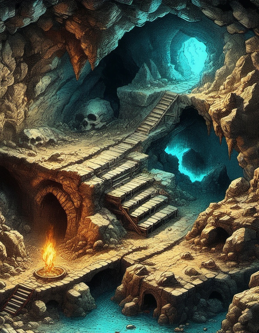 isometric subterranean mountain caves rpg battle map straight paths geometric wall torches many alcoves and hidden treasur...