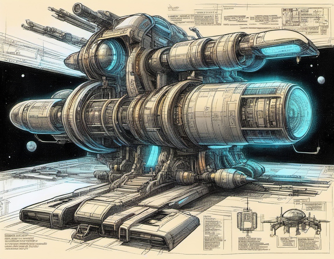 sketched schematic diagram for a futuristic off-planet exploration and scientific research vehicle on Tensor.Art
