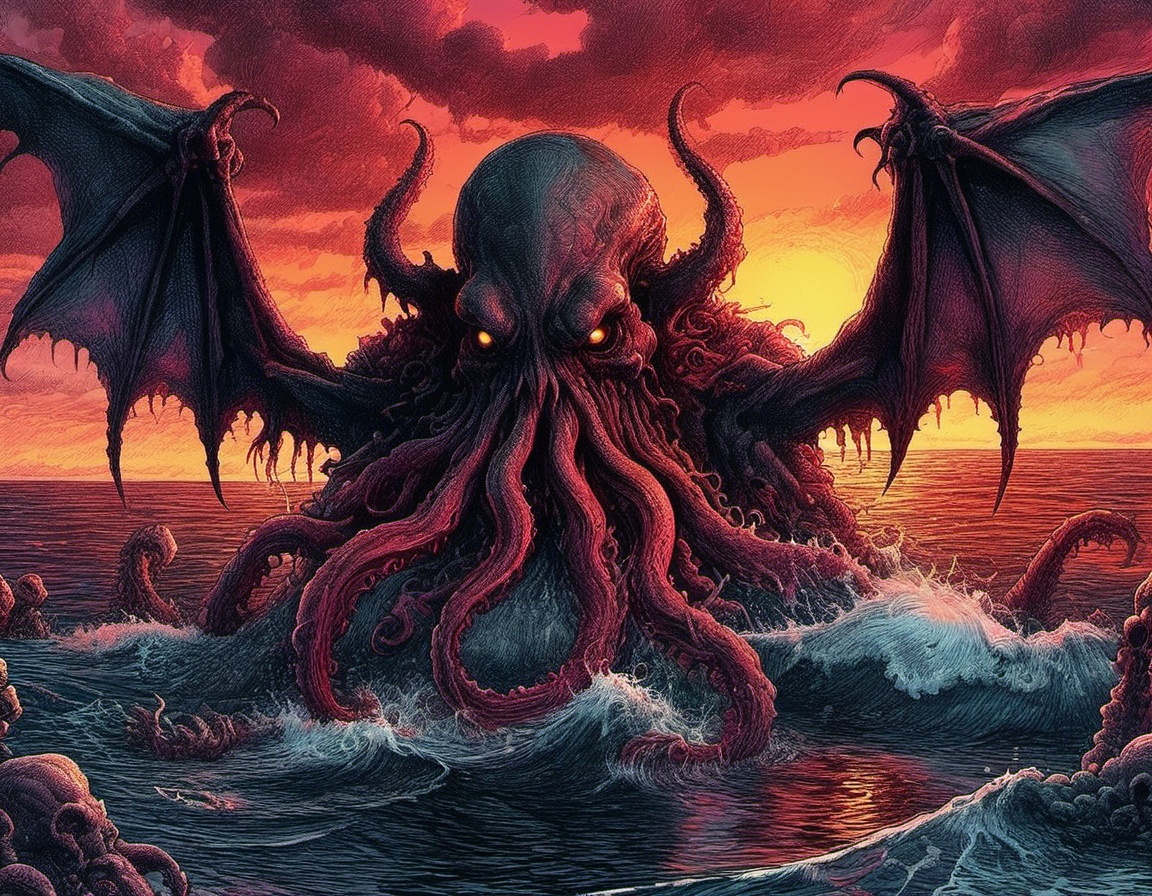 evil horror Cthulhu rising from the ocean under a sunset menacing blood sky on Tensor.Art