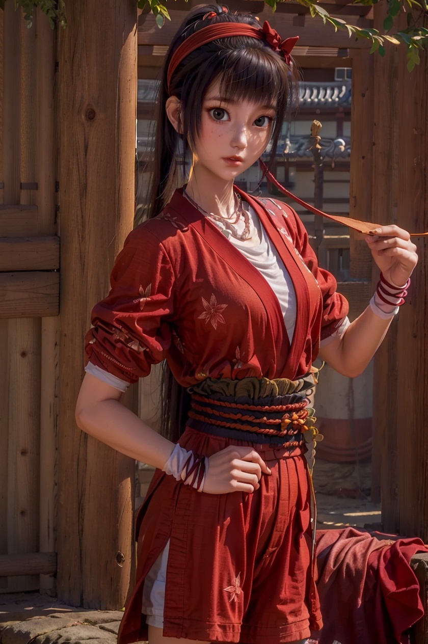 1girl, child,solo,  jewelry, looking at viewer, black hair, ponytail, hairband, sash, long hair, necklace, red hairband, japanese clothes, white background, short sleeves, cowboy shot, bangs, brown eyes, lips, standing, black eyes, parted lips, obi,  wristband, kimono, white shirt , <lora:fqe13:0.8>,(small breasts),jewelry, necklace, , shorts, short sleeves, solo focus, looking at viewer, holding, black eyes, black hair, full body