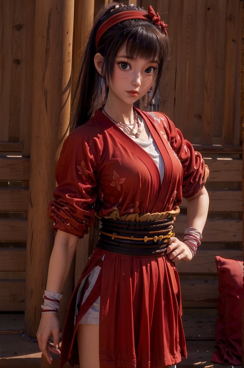 1girl, child,solo,  jewelry, looking at viewer, black hair, ponytail, hairband, sash, long hair, necklace, red hairband, japanese clothes, white background, short sleeves, cowboy shot, bangs, brown eyes, lips, standing, black eyes, parted lips, obi,  wristband, kimono, white shirt , <lora:fqe13:0.8>,(small breasts),jewelry, necklace, , shorts, short sleeves, solo focus, looking at viewer, holding, black eyes, black hair, full body