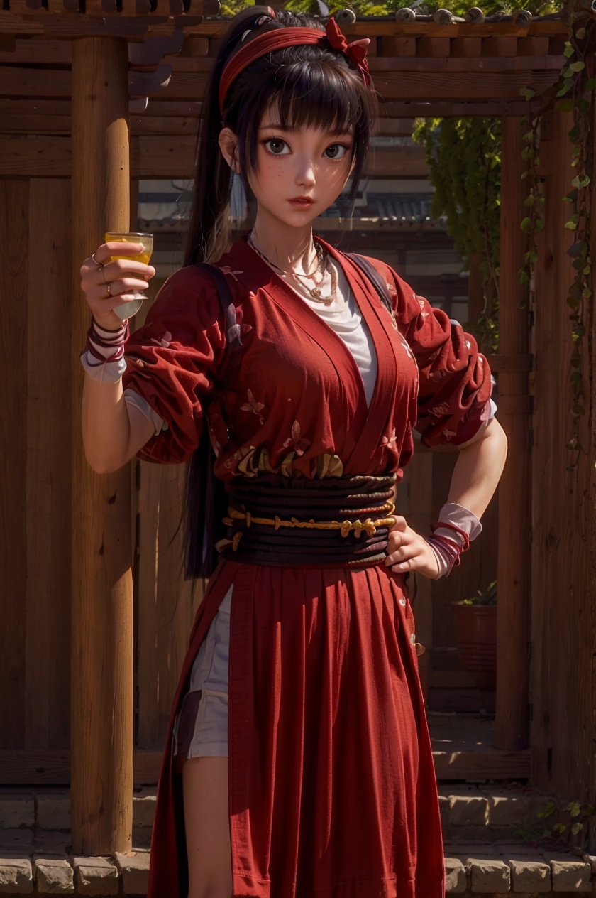 1girl, child,solo,  jewelry, looking at viewer, black hair, ponytail, hairband, sash, long hair, necklace, red hairband, japanese clothes, white background, short sleeves, cowboy shot, bangs, brown eyes, lips, standing, black eyes, parted lips, obi,  wristband, kimono, white shirt , <lora:fqe13:0.8>,(small breasts),jewelry, necklace, , shorts, short sleeves, solo focus, looking at viewer, holding, black eyes, black hair, full body