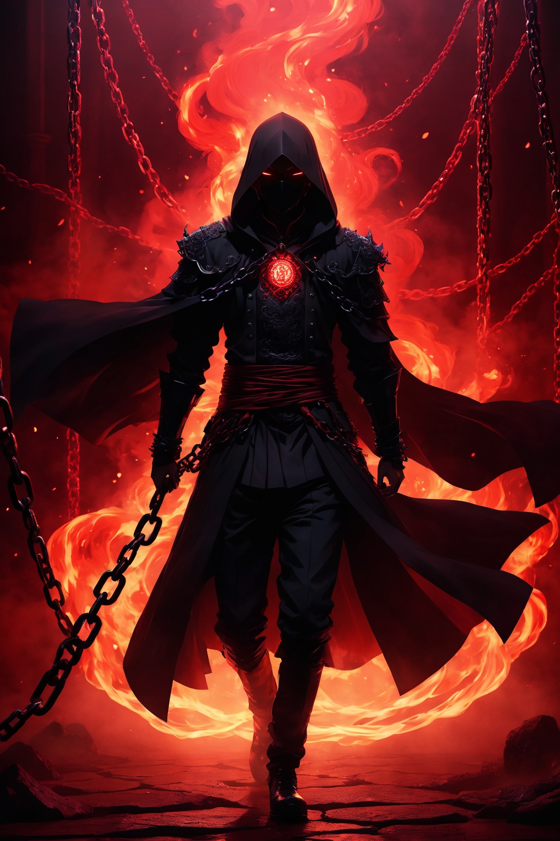 A striking anime character,  shrouded in shadows and poised for battle,  stands against a deep crimson background adorned...