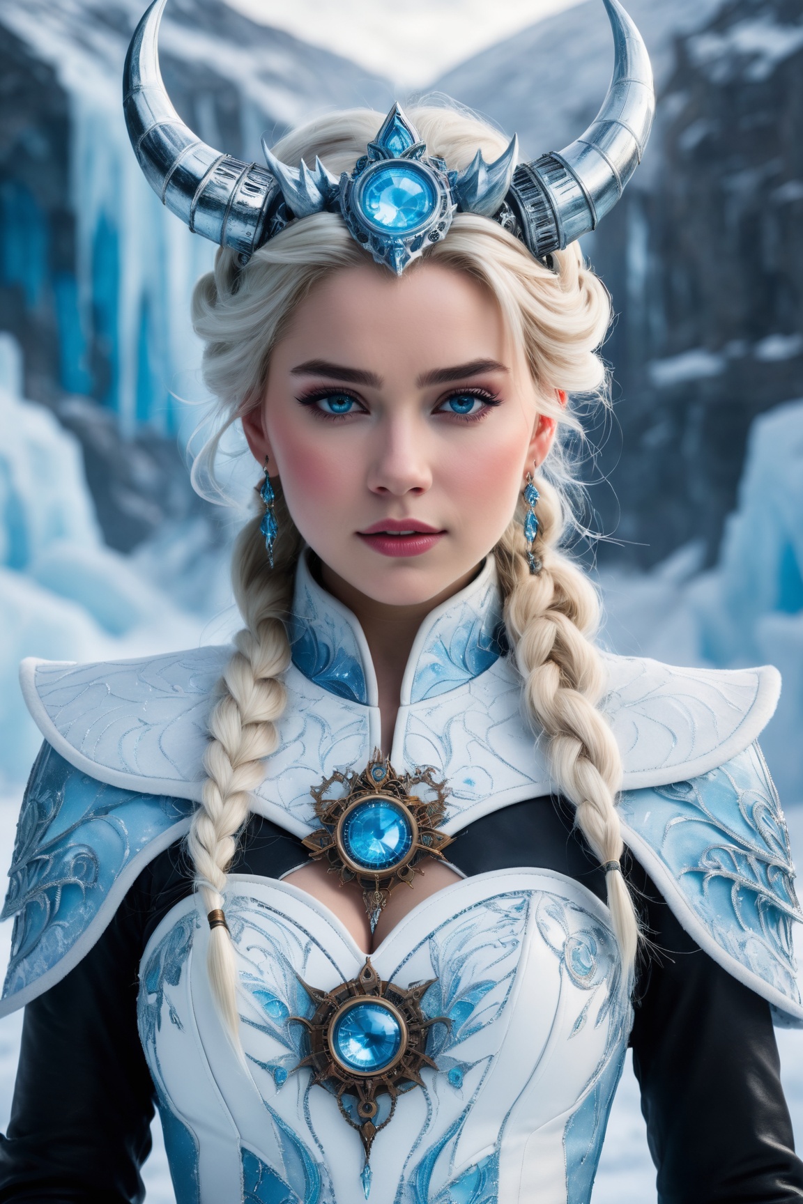 an icy and vibrant depiction of Elsa in a steampunk-demon fusion,  standing amidst an icy field. Her gaze is locked onto t...