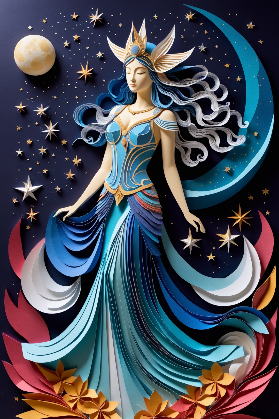 Layered paper art,  celestial goddess,  cosmic beauty on Tensor.Art