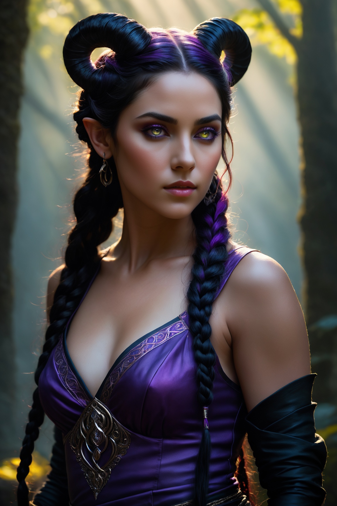 ultra-detailed,  Tiefling woman with beautiful detailed purple eyes and long braid. She has lustrous black hair cascading...