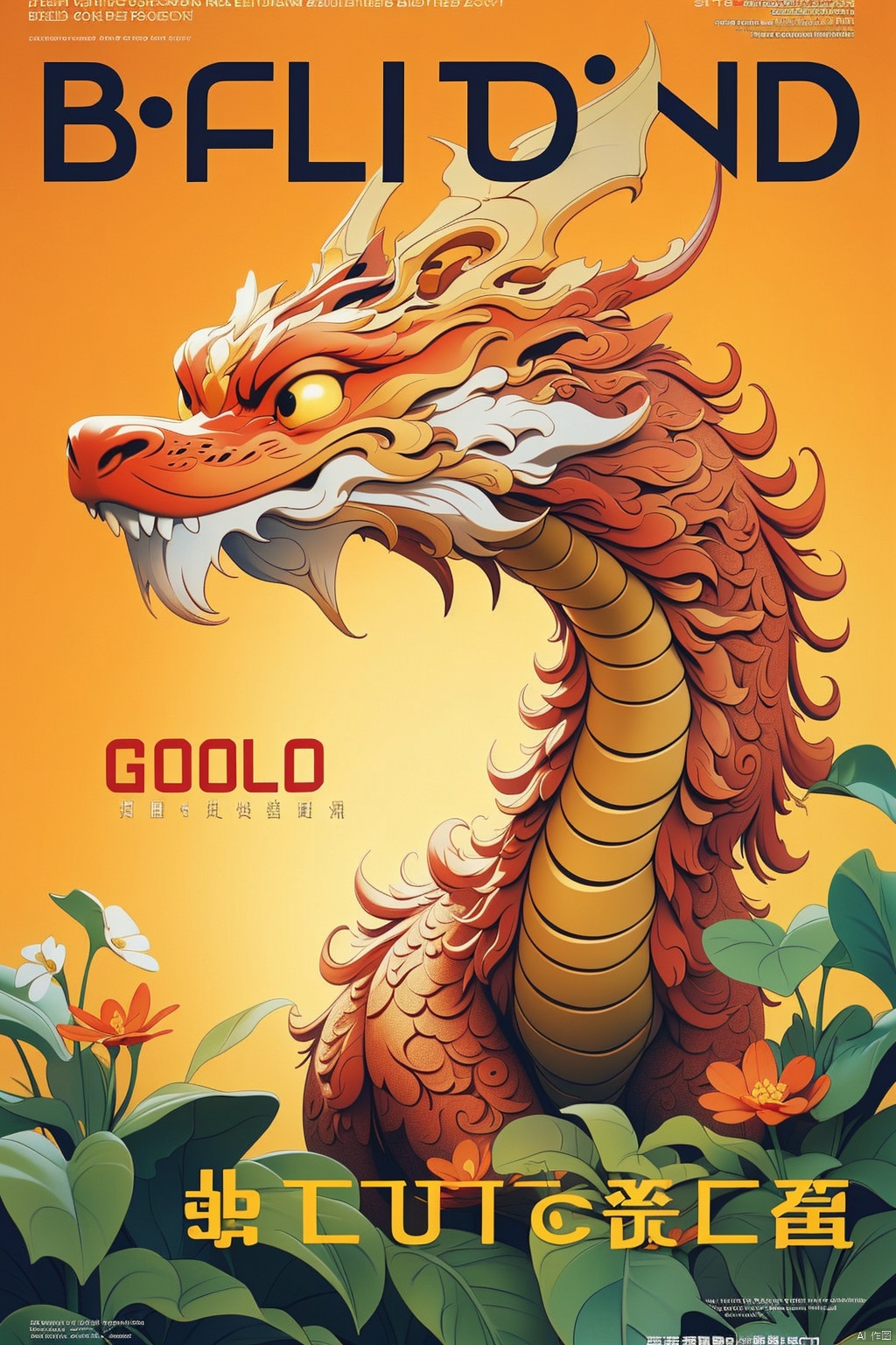  Chinese dragon illustration style,gold theme,red background,gold dragon,Front view,flower,cloud,plant,(best quality:1.2),(((The text on the cover should be bold and attention-grabbing, with the title of the magazine and a catchy headline))),,