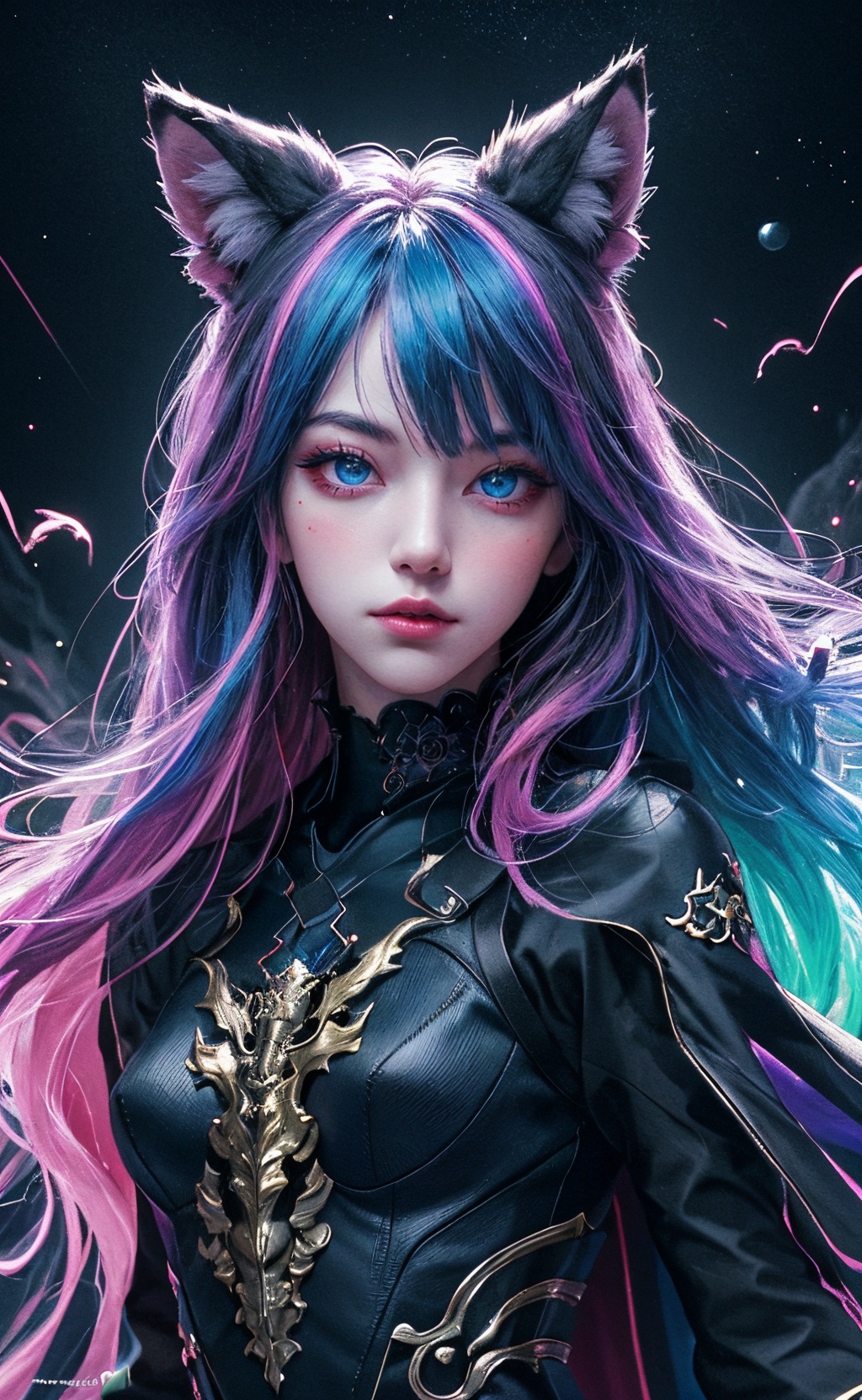 masterpiece,best quality,ultra high res,highly detailed,(psychedelic art:1.4),(woman, demon:1.3),(floating in dark mist:1.1),furry girl,anime furry women,((best quality)),((masterpiece)),((realistic)),(detailed),portrait,close up,young female,RAW photo,uhd,dslr,rainbow hair,high quality,realistic,photo realistic,dreamlikeart,lens flare,upper body,looking at viewer,animal focus,furry,wolf fursuit,1girl,cute,kawaii,lovely,fur,fur head,wolf head,narrow waist,wolf ears,black chocker,blush,paw,paw shoes,rainbow clothes,stunning gradient colors,no watermark signature,detailed background,woods,small lake with island,insanely detailed,visually stunning,wicked,hypnotic,alluring,cowboy shot,intricate,perferct shading,veil,beautiful,award-winning illustration,cosmic space background,ethereal atmosphere,ultra quality,beautiful girl,cosmical concept,rainbow strings,rainbow skin,rainbow bloody veins growing and intertwining out of the darkness,nailed wire,oozing thick blue blood,sharp neon,veins growing and pumping blood,vascular networks growing,green veins everywhere,yin and yang,glowing space,glowing stars,infinity symbol,dynamic pose,flying pose,glowing body,(rainbow aura:1.1),beautiful angel,clockwork,lightning,majestic,breathtaking,turtleneck dress,<lora:1111白皙质感:0.8>,