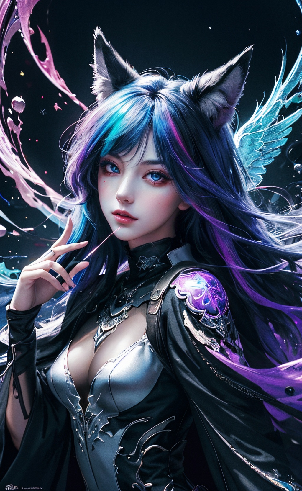 masterpiece,best quality,ultra high res,highly detailed,(psychedelic art:1.4),(woman, demon:1.3),(floating in dark mist:1.1),furry girl,anime furry women,((best quality)),((masterpiece)),((realistic)),(detailed),portrait,close up,young female,RAW photo,uhd,dslr,rainbow hair,high quality,realistic,photo realistic,dreamlikeart,lens flare,upper body,looking at viewer,animal focus,furry,wolf fursuit,1girl,cute,kawaii,lovely,fur,fur head,wolf head,narrow waist,wolf ears,black chocker,blush,paw,paw shoes,rainbow clothes,stunning gradient colors,no watermark signature,detailed background,woods,small lake with island,insanely detailed,visually stunning,wicked,hypnotic,alluring,cowboy shot,intricate,perferct shading,veil,beautiful,award-winning illustration,cosmic space background,ethereal atmosphere,ultra quality,beautiful girl,cosmical concept,rainbow strings,rainbow skin,rainbow bloody veins growing and intertwining out of the darkness,nailed wire,oozing thick blue blood,sharp neon,veins growing and pumping blood,vascular networks growing,green veins everywhere,yin and yang,glowing space,glowing stars,infinity symbol,dynamic pose,flying pose,glowing body,(rainbow aura:1.1),beautiful angel,clockwork,lightning,majestic,breathtaking,turtleneck dress,<lora:1111白皙质感:0.8>,