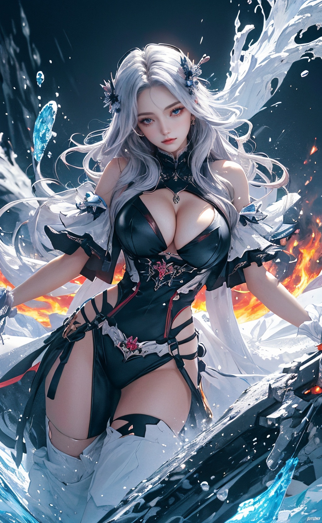 (masterpiece, top quality, best quality, official art, beautiful and aesthetic:1.2),(1girl:1.2),cute,extreme detailed,(abstract:1.4, fractal art:1.3),(silver_hair:1.1),fate \(series\),colorful,highest detailed,fire,ice,lightning,(splash_art:1.2),jewelry:1.4,hanfu,scenery,ink,(huge breasts:1.4, cleavage:1.2),<lora:1111白皙质感:0.8>,