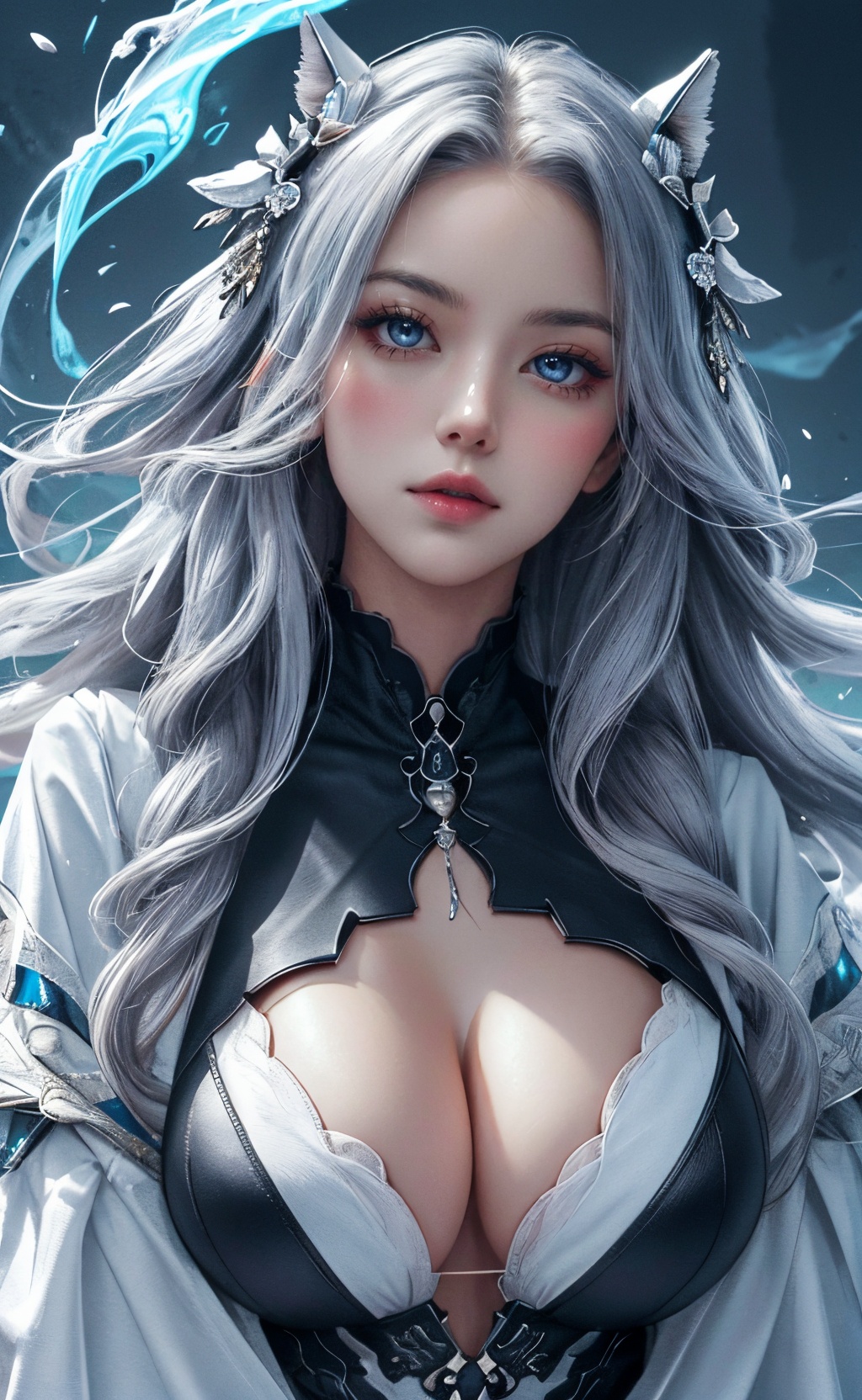 (masterpiece, top quality, best quality, official art, beautiful and aesthetic:1.2),(1girl:1.2),cute,extreme detailed,(abstract:1.4, fractal art:1.3),(silver_hair:1.1),fate \(series\),colorful,highest detailed,fire,ice,lightning,(splash_art:1.2),jewelry:1.4,hanfu,scenery,ink,(huge breasts:1.4, cleavage:1.2),<lora:1111白皙质感:0.8>,