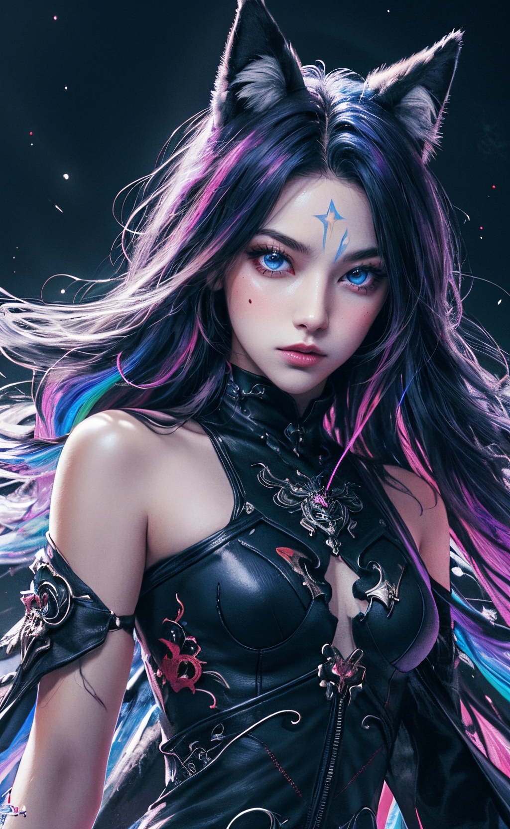 masterpiece,best quality,ultra high res,highly detailed,(psychedelic art:1.4),(woman, demon:1.3),(floating in dark mist:1.1),furry girl,anime furry women,((best quality)),((masterpiece)),((realistic)),(detailed),portrait,close up,young female,RAW photo,uhd,dslr,rainbow hair,high quality,realistic,photo realistic,dreamlikeart,lens flare,upper body,looking at viewer,animal focus,furry,wolf fursuit,1girl,cute,kawaii,lovely,fur,fur head,wolf head,narrow waist,wolf ears,black chocker,blush,paw,paw shoes,rainbow clothes,stunning gradient colors,no watermark signature,detailed background,woods,small lake with island,insanely detailed,visually stunning,wicked,hypnotic,alluring,cowboy shot,intricate,perferct shading,veil,beautiful,award-winning illustration,cosmic space background,ethereal atmosphere,ultra quality,beautiful girl,cosmical concept,rainbow strings,rainbow skin,rainbow bloody veins growing and intertwining out of the darkness,nailed wire,oozing thick blue blood,sharp neon,veins growing and pumping blood,vascular networks growing,green veins everywhere,yin and yang,glowing space,glowing stars,infinity symbol,dynamic pose,flying pose,glowing body,(rainbow aura:1.1),beautiful angel,clockwork,lightning,majestic,breathtaking,turtleneck dress,<lora:1111白皙质感:0.8>,