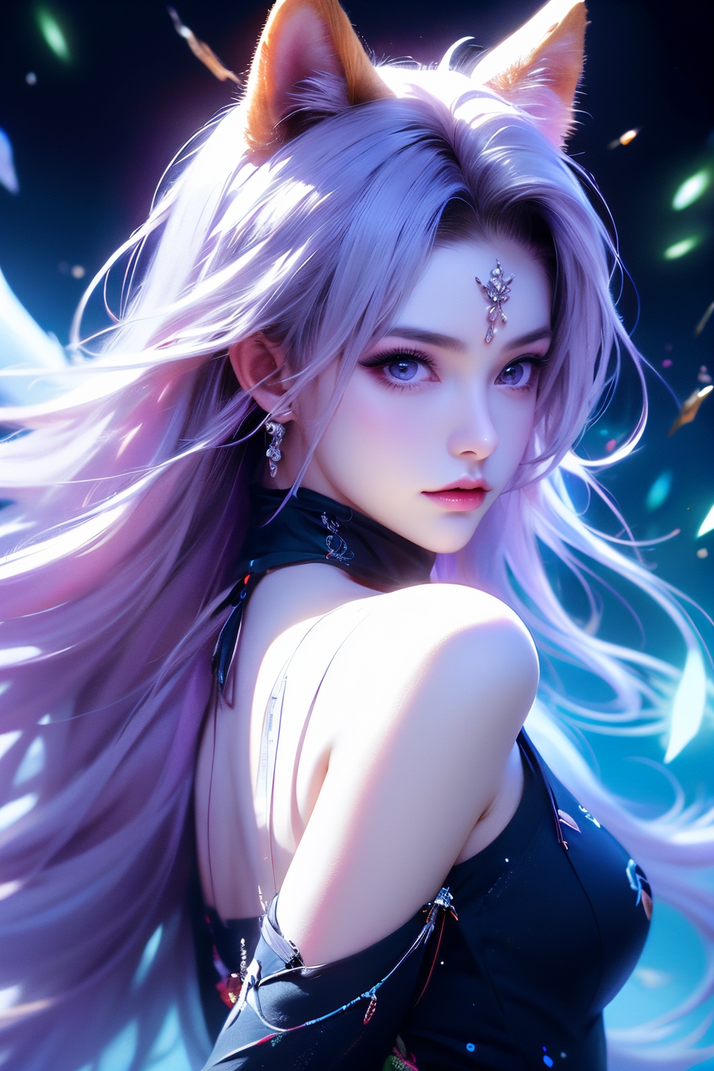 masterpiece,best quality,ultra high res,highly detailed,(psychedelic art:1.4),(woman, demon:1.3),(floating in dark mist:1.1),furry girl,anime furry women,((best quality)),((masterpiece)),((realistic)),(detailed),portrait,close up,young female,RAW photo,uhd,dslr,rainbow hair,high quality,realistic,photo realistic,dreamlikeart,lens flare,upper body,looking at viewer,animal focus,furry,wolf fursuit,1girl,cute,kawaii,lovely,fur,fur head,wolf head,narrow waist,wolf ears,black chocker,blush,paw,paw shoes,rainbow clothes,stunning gradient colors,no watermark signature,detailed background,woods,small lake with island,insanely detailed,visually stunning,wicked,hypnotic,alluring,cowboy shot,intricate,perferct shading,veil,beautiful,award-winning illustration,cosmic space background,ethereal atmosphere,ultra quality,beautiful girl,cosmical concept,rainbow strings,rainbow skin,rainbow bloody veins growing and intertwining out of the darkness,nailed wire,oozing thick blue blood,sharp neon,veins growing and pumping blood,vascular networks growing,green veins everywhere,yin and yang,glowing space,glowing stars,infinity symbol,dynamic pose,flying pose,glowing body,(rainbow aura:1.1),beautiful angel,clockwork,lightning,majestic,breathtaking,turtleneck dress,