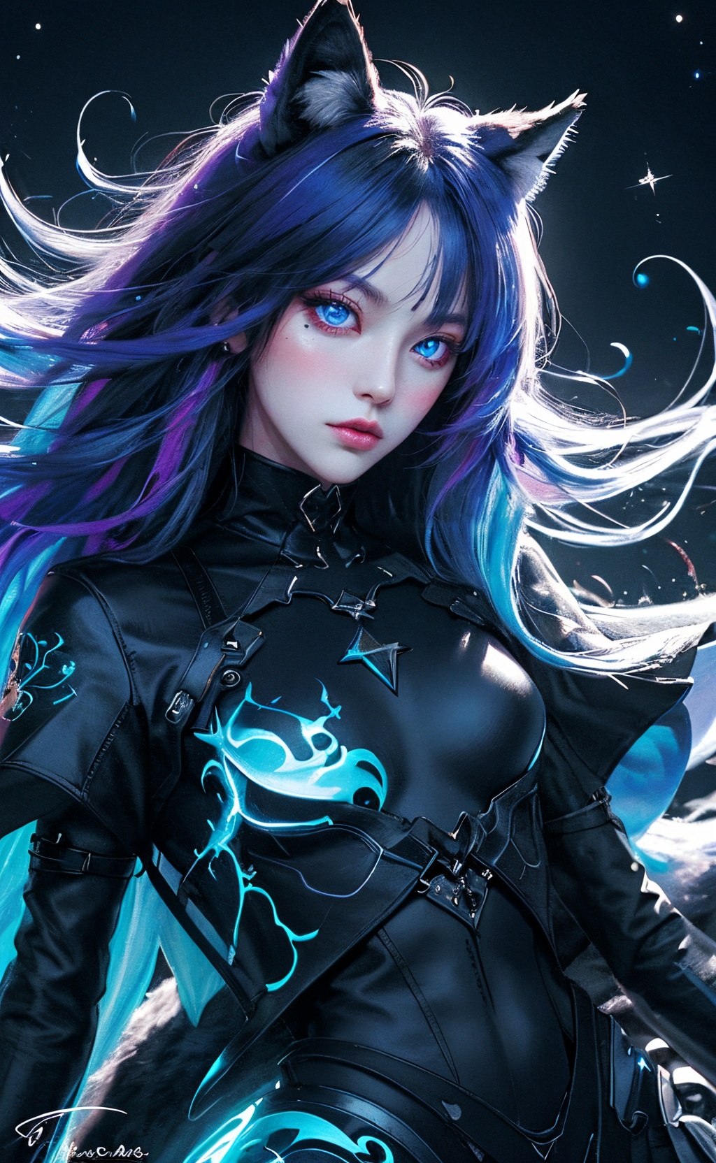 masterpiece,best quality,ultra high res,highly detailed,(psychedelic art:1.4),(woman, demon:1.3),(floating in dark mist:1.1),furry girl,anime furry women,((best quality)),((masterpiece)),((realistic)),(detailed),portrait,close up,young female,RAW photo,uhd,dslr,rainbow hair,high quality,realistic,photo realistic,dreamlikeart,lens flare,upper body,looking at viewer,animal focus,furry,wolf fursuit,1girl,cute,kawaii,lovely,fur,fur head,wolf head,narrow waist,wolf ears,black chocker,blush,paw,paw shoes,rainbow clothes,stunning gradient colors,no watermark signature,detailed background,woods,small lake with island,insanely detailed,visually stunning,wicked,hypnotic,alluring,cowboy shot,intricate,perferct shading,veil,beautiful,award-winning illustration,cosmic space background,ethereal atmosphere,ultra quality,beautiful girl,cosmical concept,rainbow strings,rainbow skin,rainbow bloody veins growing and intertwining out of the darkness,nailed wire,oozing thick blue blood,sharp neon,veins growing and pumping blood,vascular networks growing,green veins everywhere,yin and yang,glowing space,glowing stars,infinity symbol,dynamic pose,flying pose,glowing body,(rainbow aura:1.1),beautiful angel,clockwork,lightning,majestic,breathtaking,turtleneck dress,<lora:1111白皙质感:0.8>,